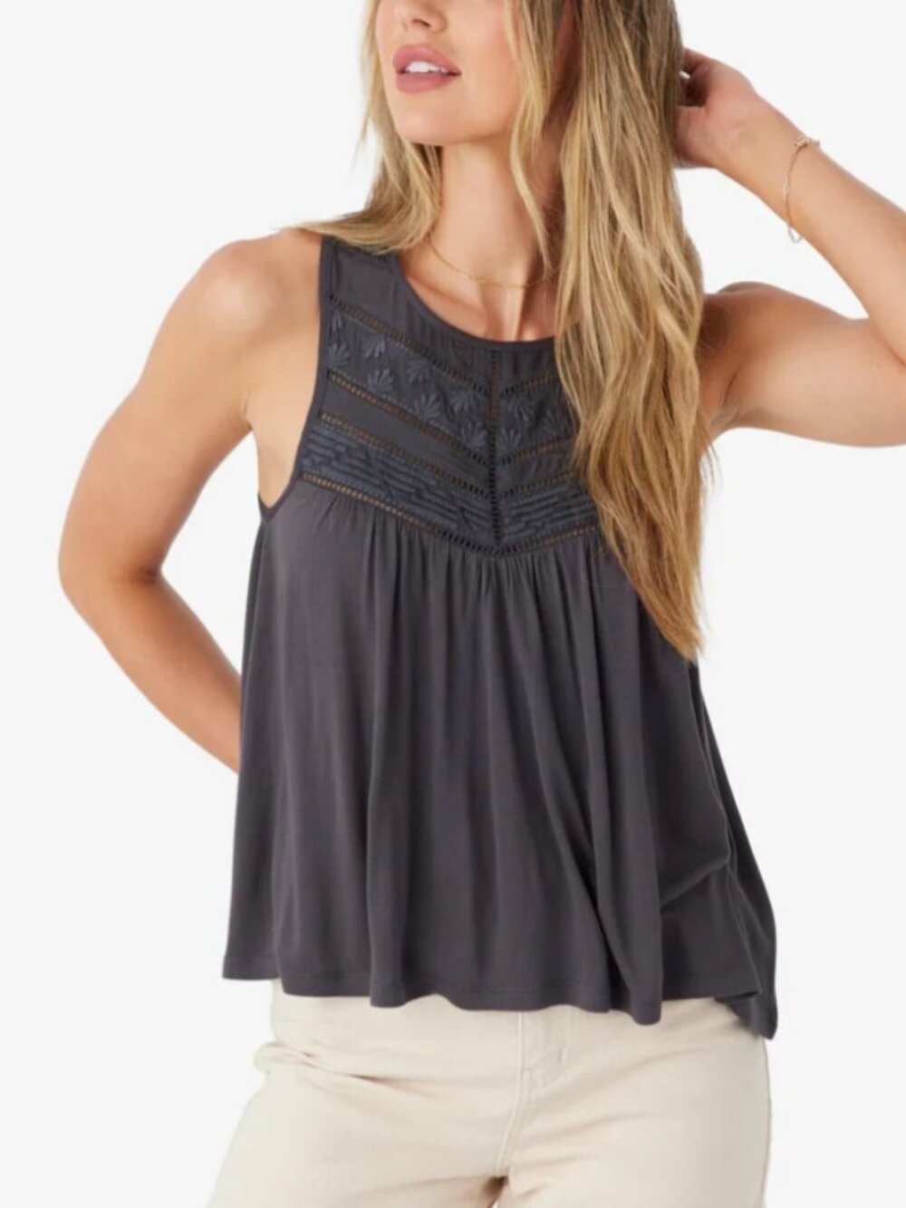 O'Neill Women's Tokeena Embroidery Tank Top in Charcoal size S NWT